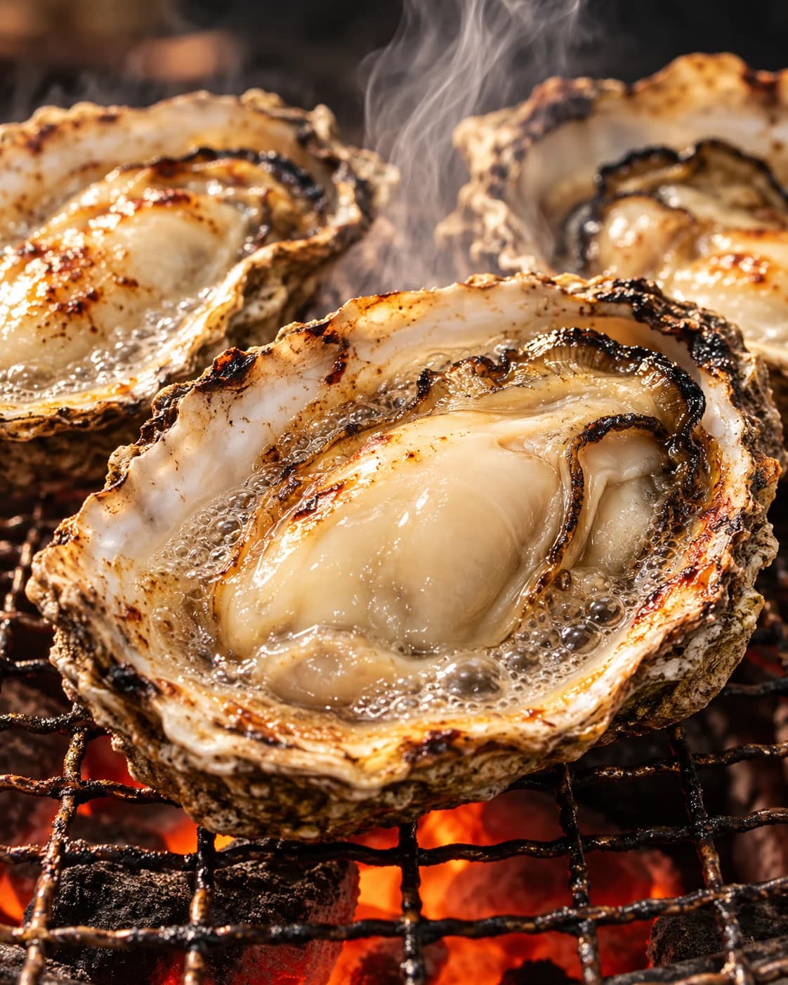 炭火で焼く、湯気の立つ牡蠣のアップ（イメージ）